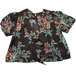 Free People Boho Gauze Tie Front Blouse Floral Brown Teal Top Size Large